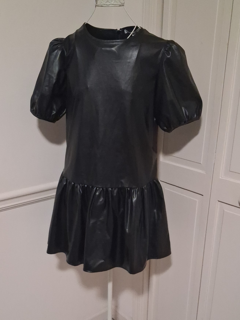Black Vegan Leather Puff-Sleeve Tunic Dress